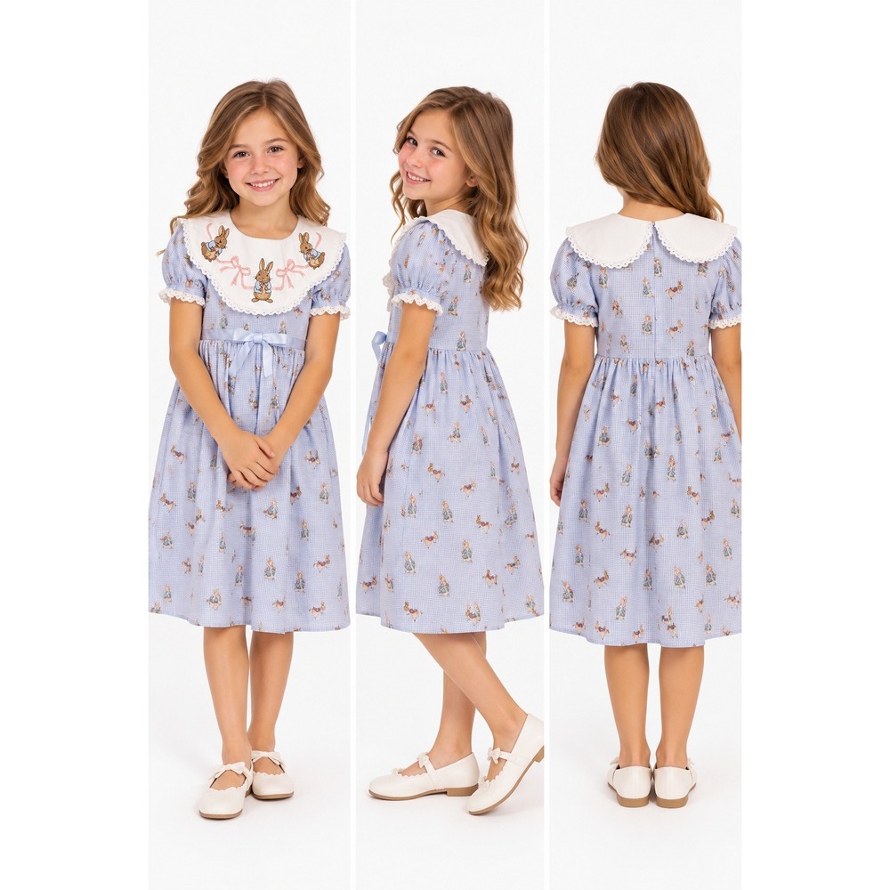 Think Pink Bows Peter Rabbit Gingham Lavender Embroidered Collar Dress 9-10 NEW